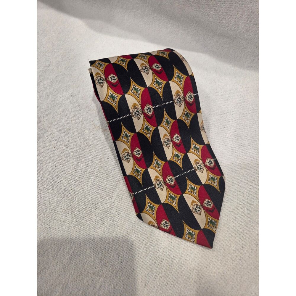 Vintage Rene Chagal Italian Design Necktie Red Black Geometric Crest Silk Tie